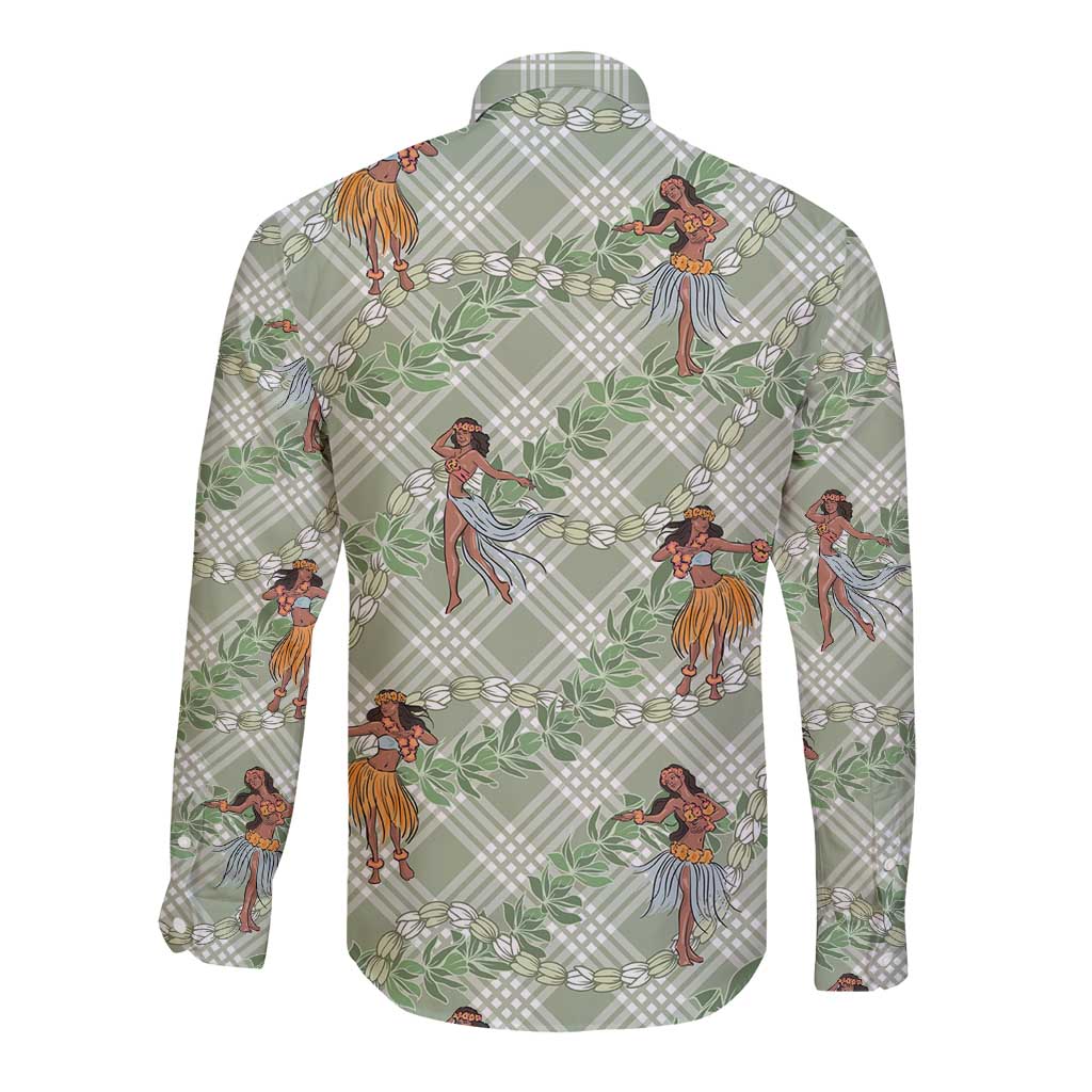 Mint Palaka Hula Girls Seamless Hawaii Aloha Long Sleeve Button Shirt - Polynesian Pride