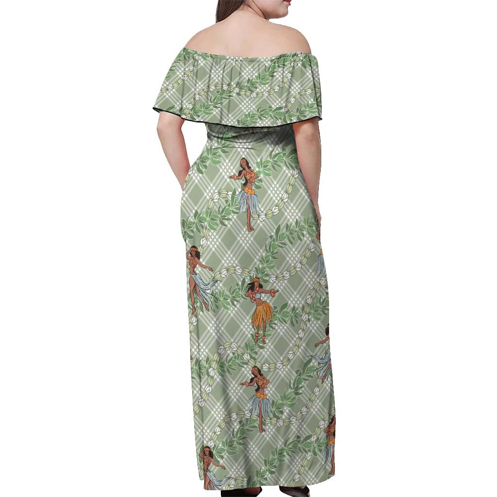 Mint Palaka Hula Girls Seamless Hawaii Aloha Off Shoulder Maxi Dress - Polynesian Pride