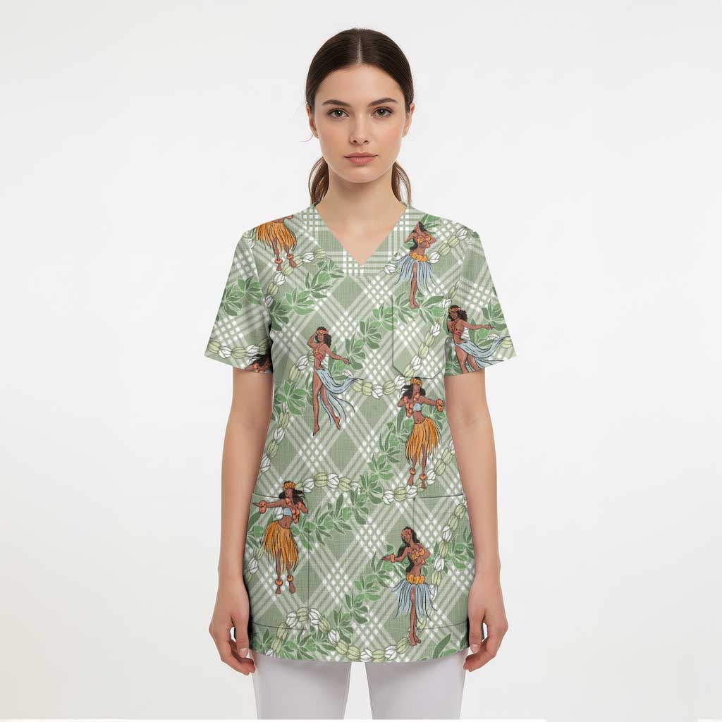 Mint Palaka Hula Girls Seamless Hawaii Aloha Scrub Top - Polynesian Pride