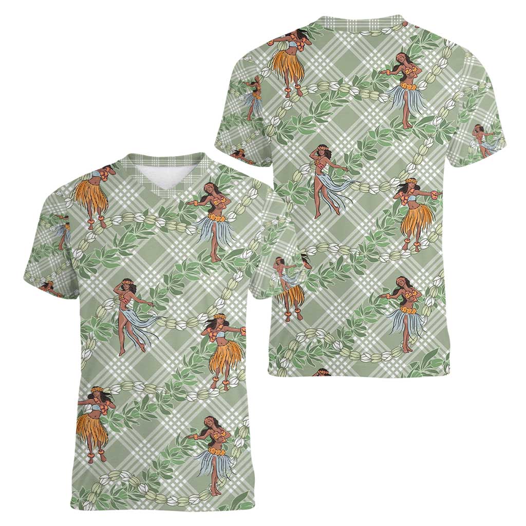 Mint Palaka Hula Girls Seamless Hawaii Aloha Women V-Neck T-Shirt - Polynesian Pride