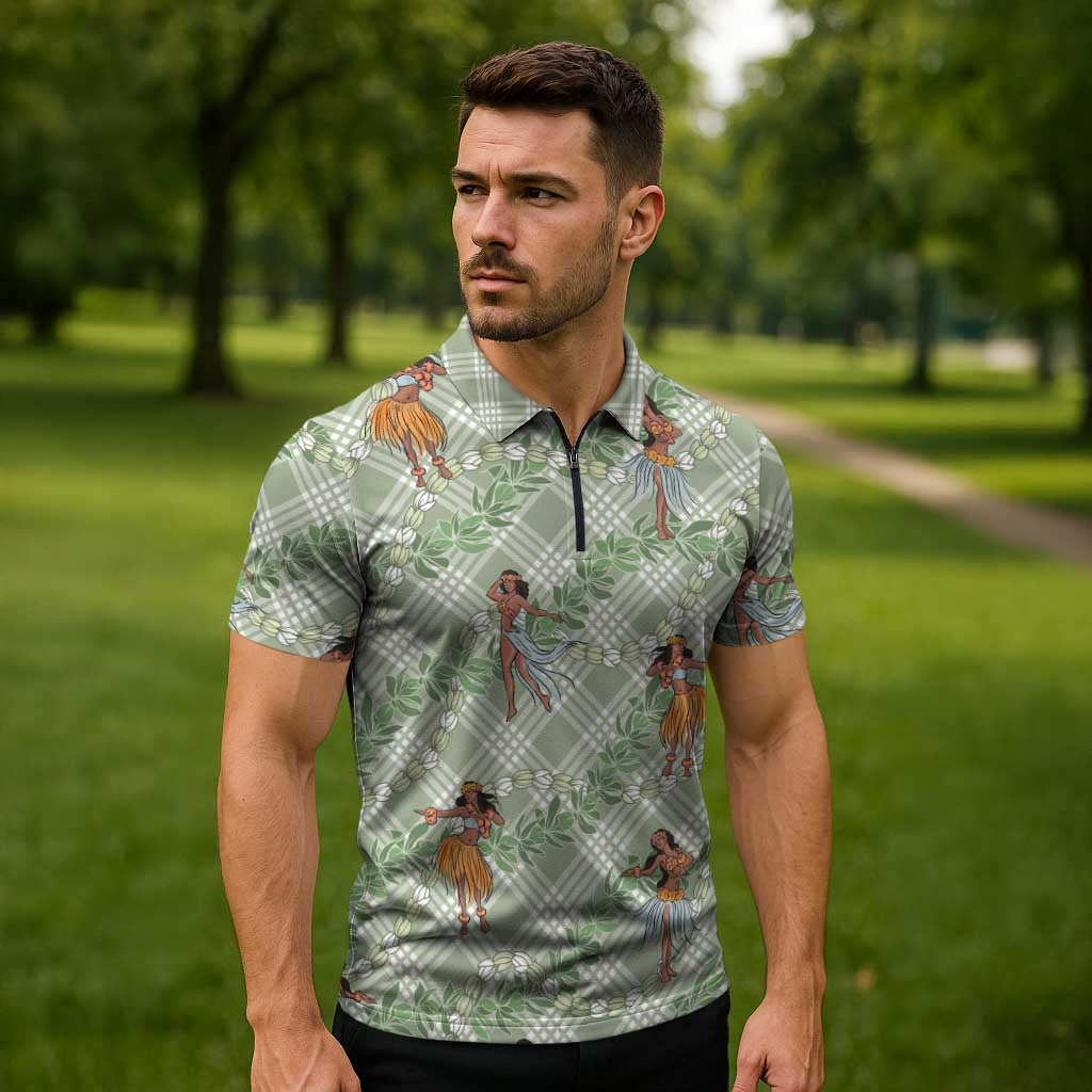 Mint Palaka Hula Girls Seamless Hawaii Aloha Zipper Polo Shirt LT7 - Polynesian Pride