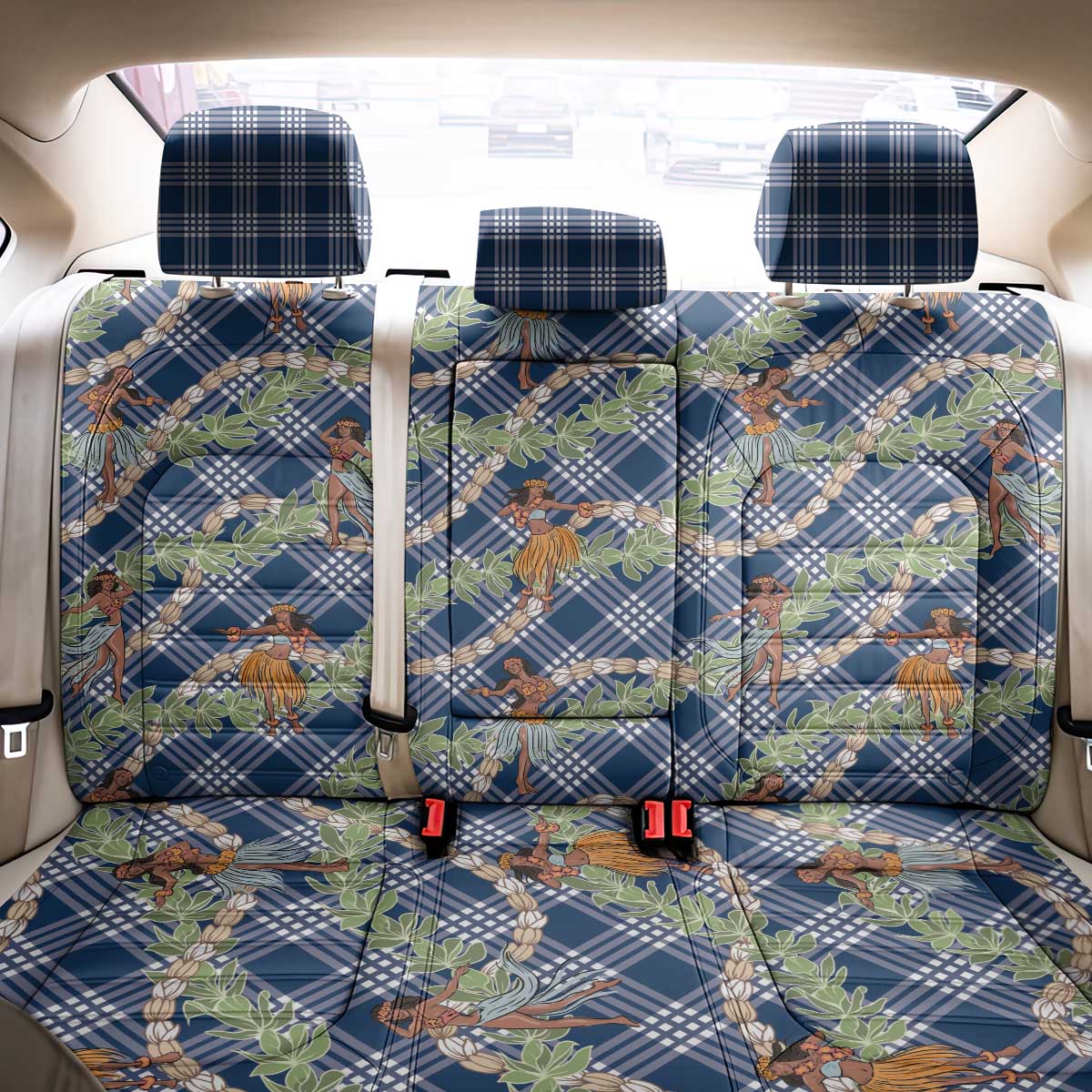 Navy Blue Palaka Hula Girls Seamless Hawaii Aloha Back Car Seat Cover - Polynesian Pride