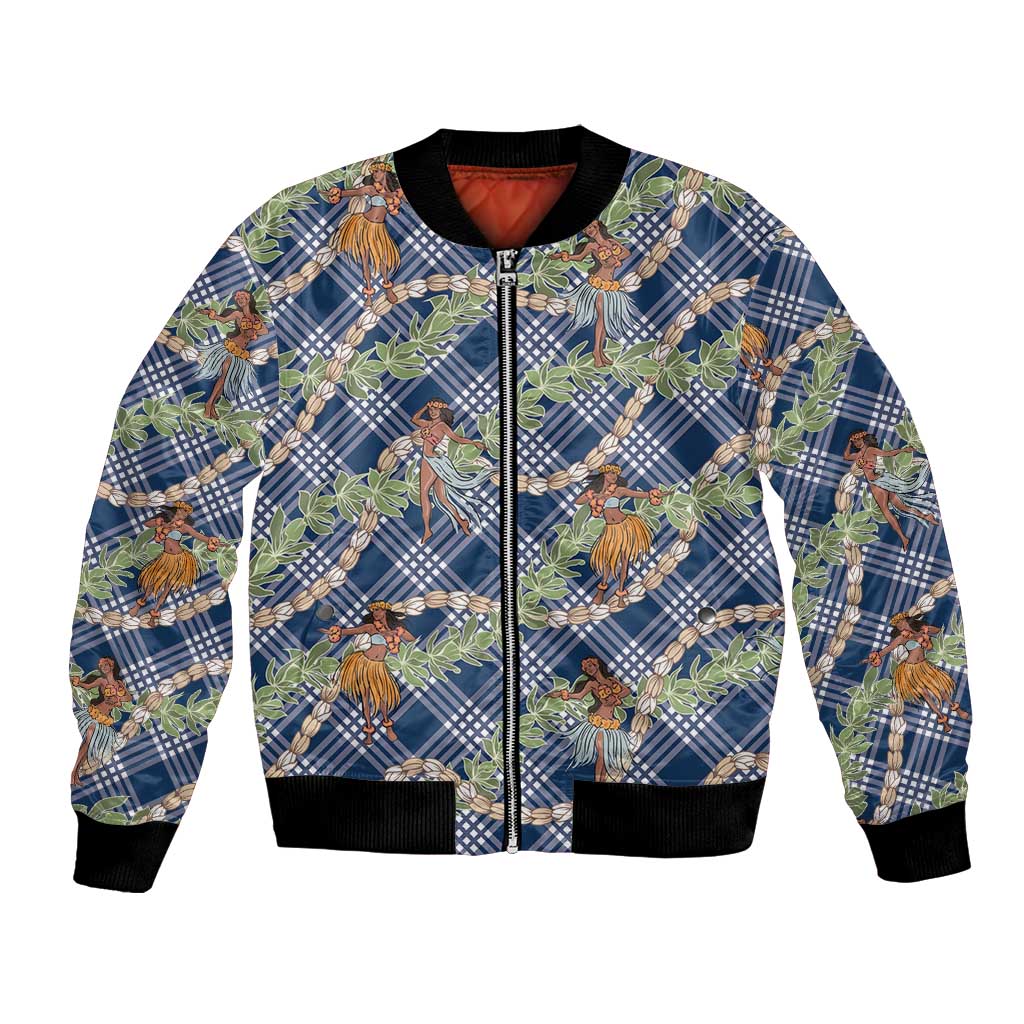 Navy Blue Palaka Hula Girls Seamless Hawaii Aloha Bomber Jacket - Polynesian Pride