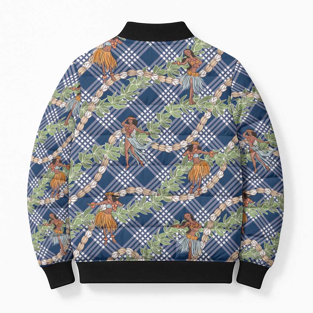 Navy Blue Palaka Hula Girls Seamless Hawaii Aloha Bomber Puffer Jacket - Polynesian Pride