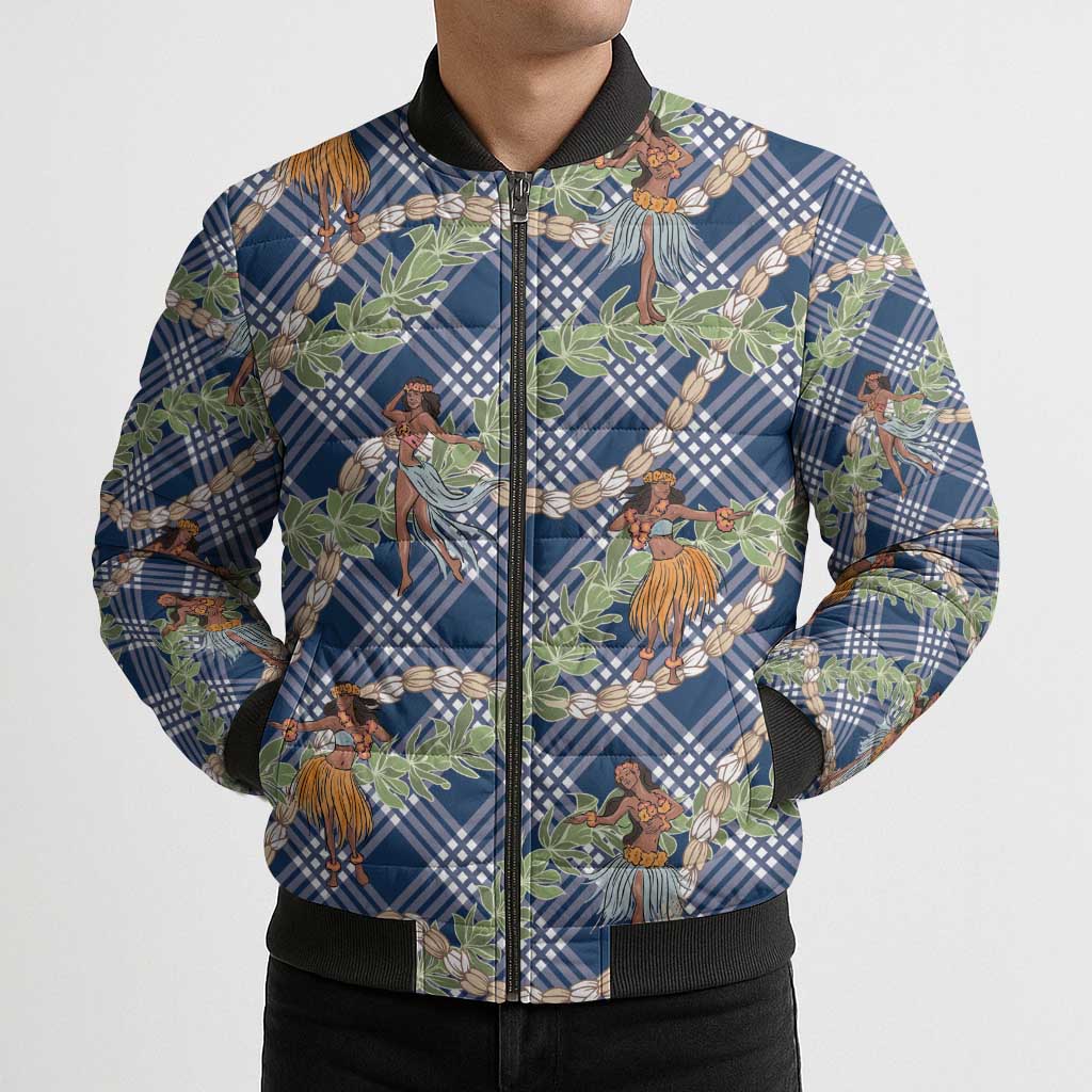 Navy Blue Palaka Hula Girls Seamless Hawaii Aloha Bomber Puffer Jacket - Polynesian Pride