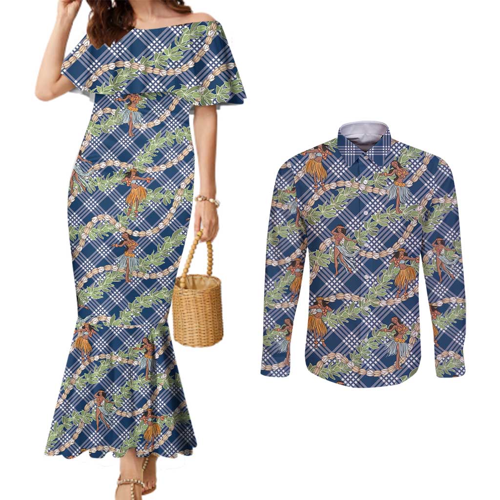 Navy Blue Palaka Hula Girls Seamless Hawaii Aloha Couples Matching Mermaid Dress and Long Sleeve Button Shirt - Polynesian Pride