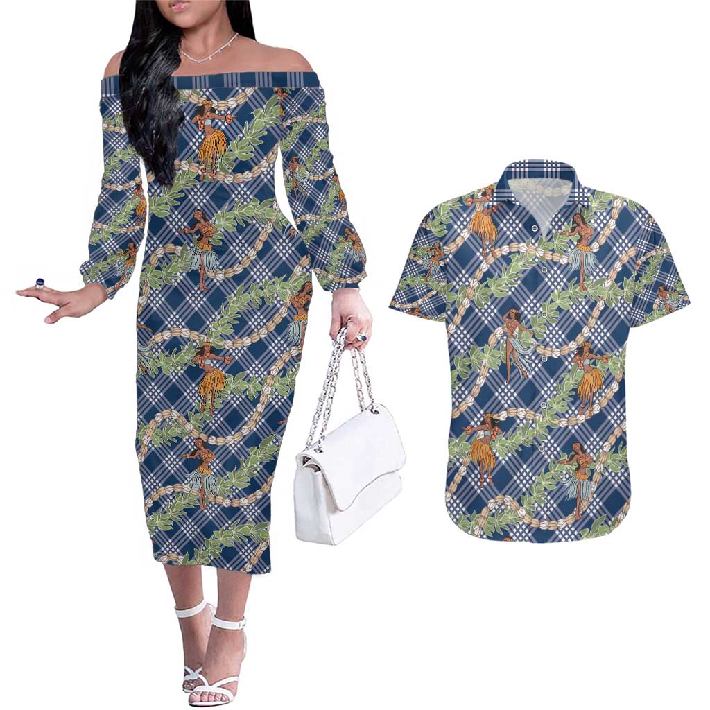 Navy Blue Palaka Hula Girls Seamless Hawaii Aloha Couples Matching Off The Shoulder Long Sleeve Dress and Hawaiian Shirt - Polynesian Pride