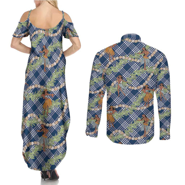 Aloha Hawaii Couples Matching Off The Shoulder Long Sleeve Dress and Long Sleeve Button Shirts Hammerhead Shark Tattoo Polynesian Summer - Green LT9