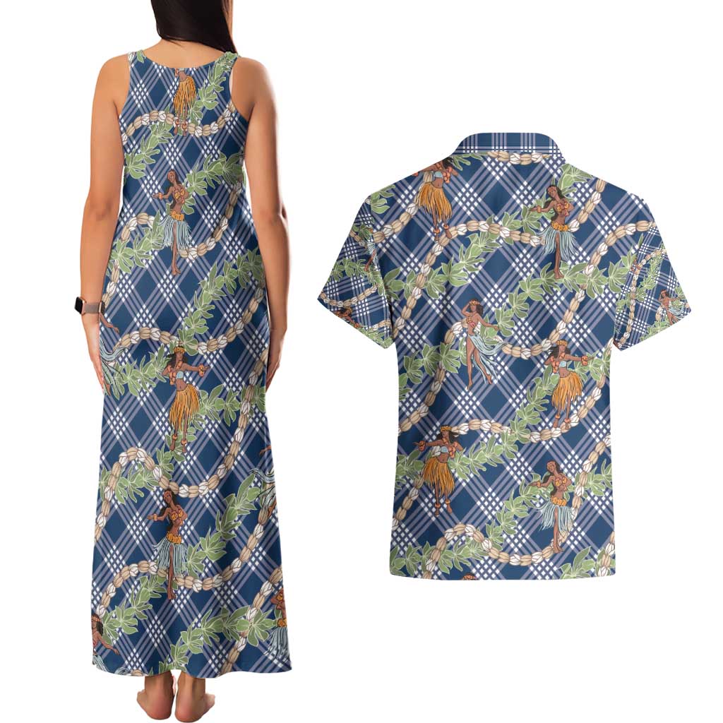 Navy Blue Palaka Hula Girls Seamless Hawaii Aloha Couples Matching Tank Maxi Dress and Hawaiian Shirt - Polynesian Pride