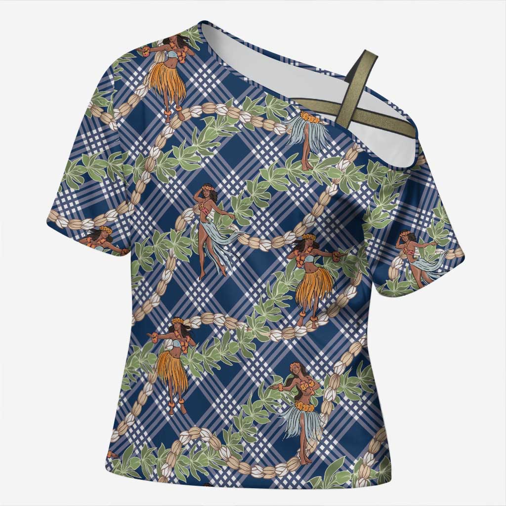 Navy Blue Palaka Hula Girls Seamless Hawaii Aloha Cross Shoulder Shirt LT7 Female Navy Blue - Polynesian Pride