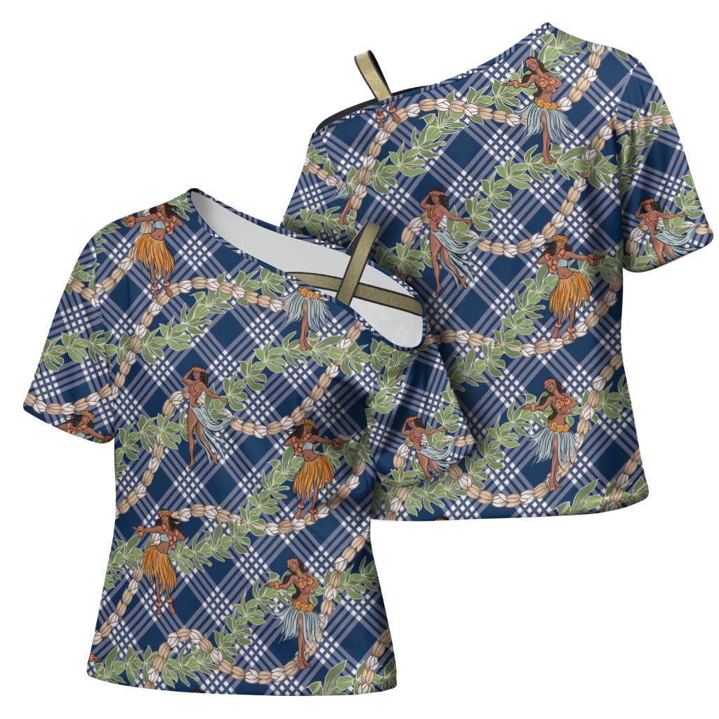 Navy Blue Palaka Hula Girls Seamless Hawaii Aloha Cross Shoulder Shirt LT7 - Polynesian Pride