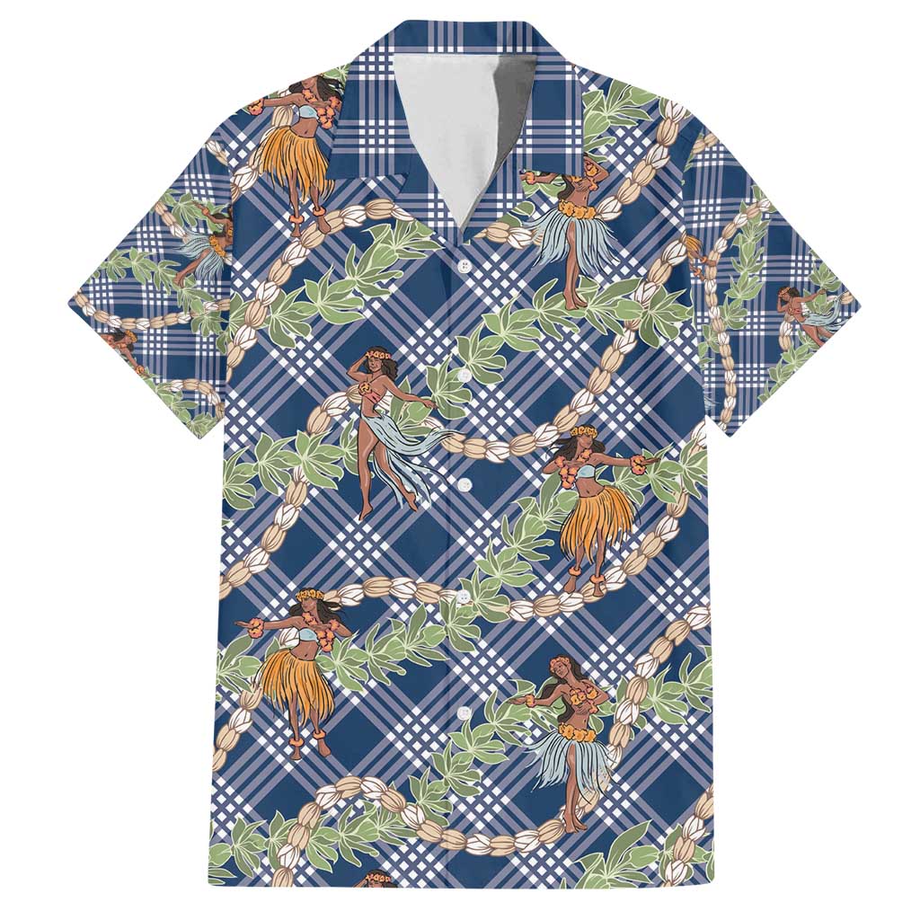 Navy Blue Palaka Hula Girls Seamless Hawaii Aloha Family Matching Long Sleeve Bodycon Dress and Hawaiian Shirt - Polynesian Pride