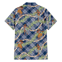 Navy Blue Palaka Hula Girls Seamless Hawaii Aloha Family Matching Long Sleeve Bodycon Dress and Hawaiian Shirt - Polynesian Pride