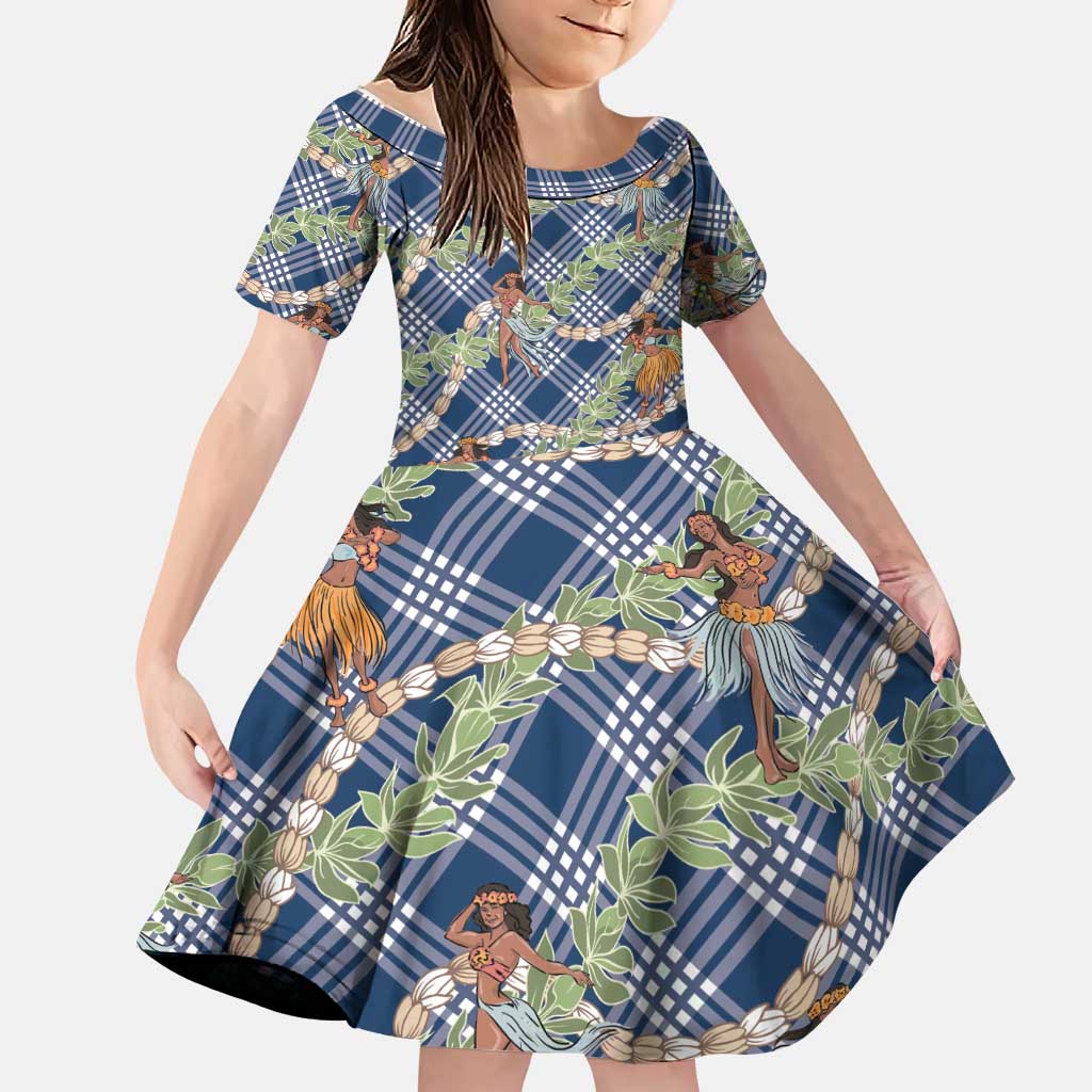 Navy Blue Palaka Hula Girls Seamless Hawaii Aloha Family Matching Mermaid Dress and Hawaiian Shirt LT7 Daughter's Dress Navy Blue - Polynesian Pride