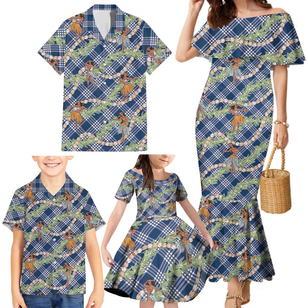 Navy Blue Palaka Hula Girls Seamless Hawaii Aloha Family Matching Mermaid Dress and Hawaiian Shirt - Polynesian Pride