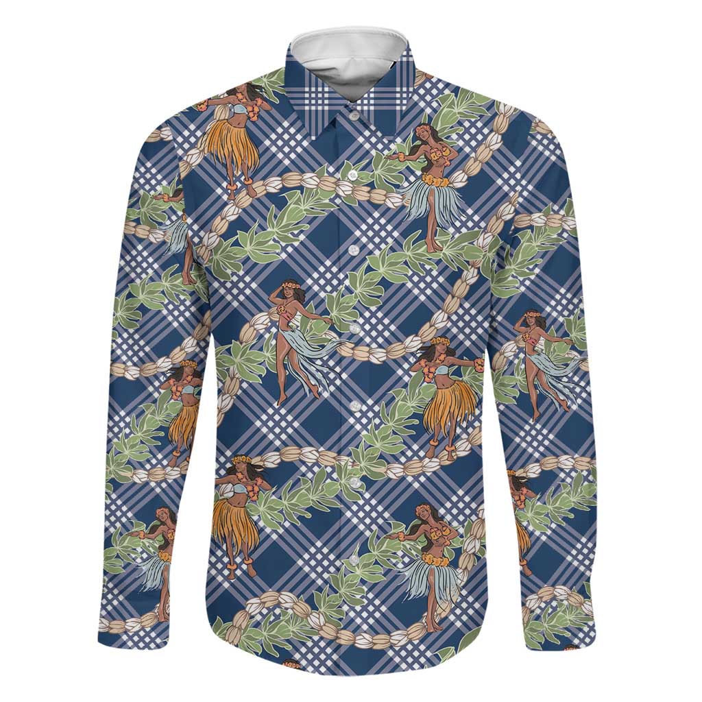 Navy Blue Palaka Hula Girls Seamless Hawaii Aloha Family Matching Mermaid Dress and Hawaiian Shirt LT7 Dad's Shirt - Long Sleeve Navy Blue - Polynesian Pride
