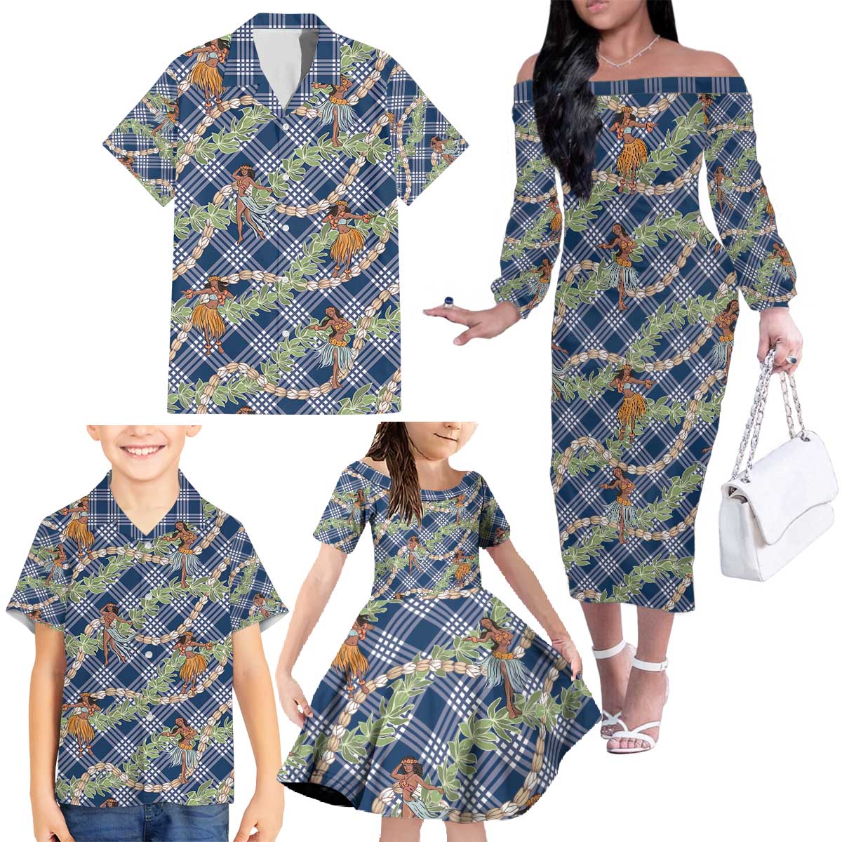 Navy Blue Palaka Hula Girls Seamless Hawaii Aloha Family Matching Off The Shoulder Long Sleeve Dress and Hawaiian Shirt - Polynesian Pride
