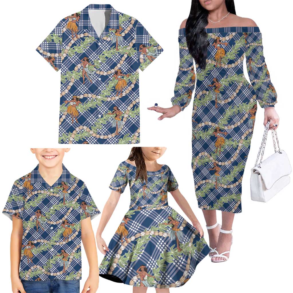 Navy Blue Palaka Hula Girls Seamless Hawaii Aloha Family Matching Off The Shoulder Long Sleeve Dress and Hawaiian Shirt - Polynesian Pride