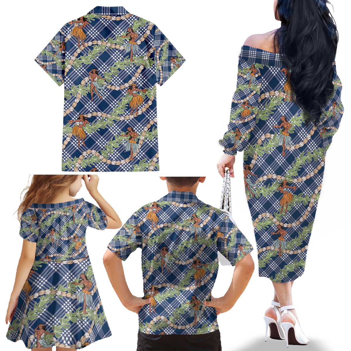 Navy Blue Palaka Hula Girls Seamless Hawaii Aloha Family Matching Off The Shoulder Long Sleeve Dress and Hawaiian Shirt - Polynesian Pride