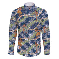 Navy Blue Palaka Hula Girls Seamless Hawaii Aloha Family Matching Off The Shoulder Long Sleeve Dress and Hawaiian Shirt - Polynesian Pride