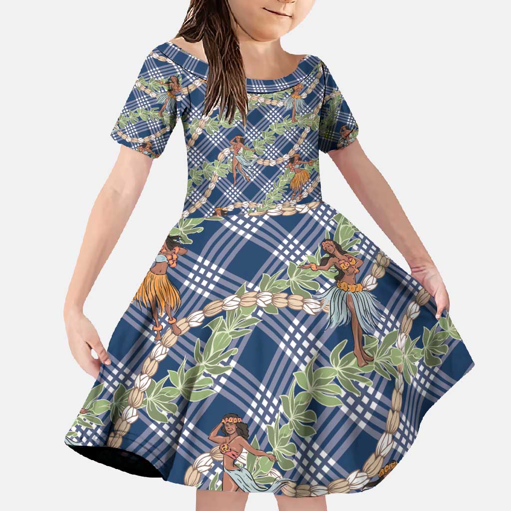 Navy Blue Palaka Hula Girls Seamless Hawaii Aloha Family Matching Off Shoulder Maxi Dress and Hawaiian Shirt - Polynesian Pride