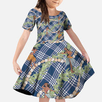 Navy Blue Palaka Hula Girls Seamless Hawaii Aloha Family Matching Off Shoulder Maxi Dress and Hawaiian Shirt - Polynesian Pride