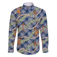 Navy Blue Palaka Hula Girls Seamless Hawaii Aloha Family Matching Off Shoulder Maxi Dress and Hawaiian Shirt - Polynesian Pride