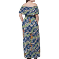 Navy Blue Palaka Hula Girls Seamless Hawaii Aloha Family Matching Off Shoulder Maxi Dress and Hawaiian Shirt - Polynesian Pride