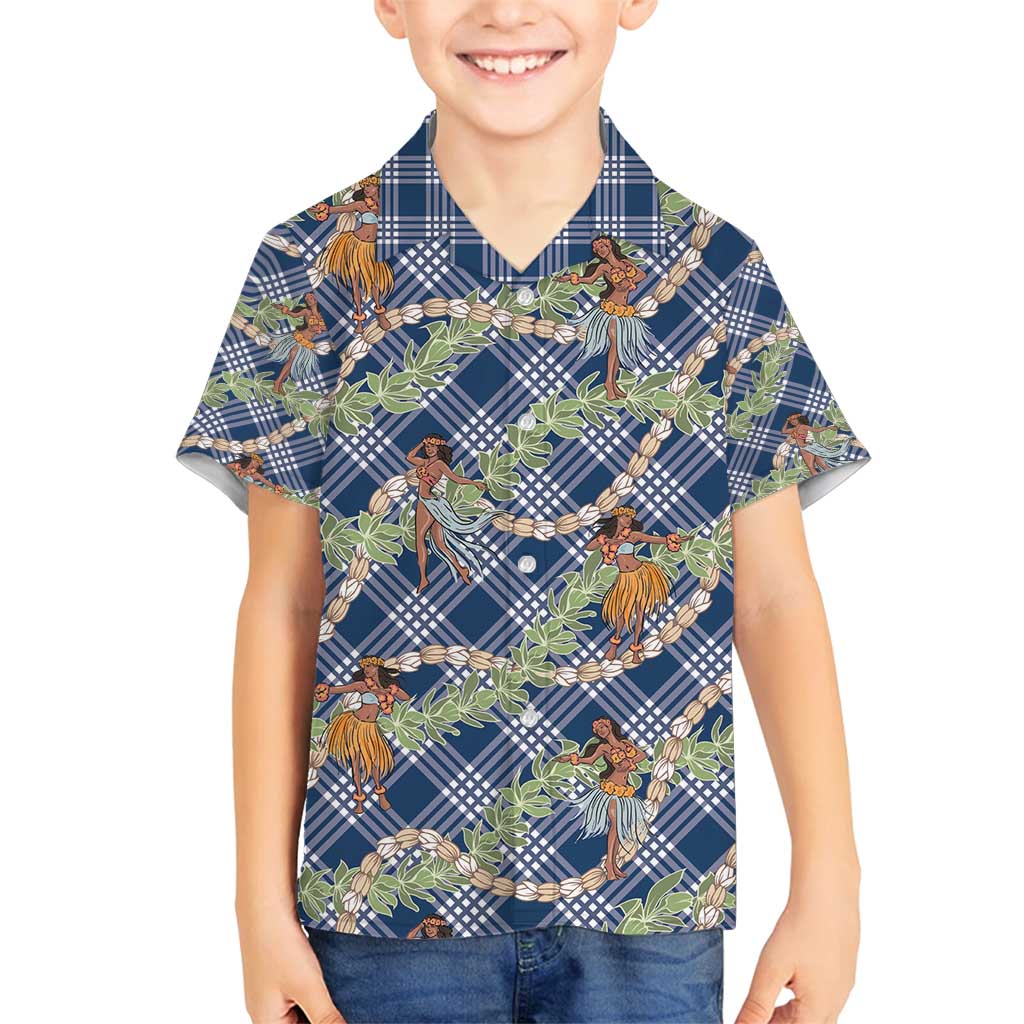 Navy Blue Palaka Hula Girls Seamless Hawaii Aloha Family Matching Off Shoulder Maxi Dress and Hawaiian Shirt - Polynesian Pride