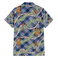 Navy Blue Palaka Hula Girls Seamless Hawaii Aloha Family Matching Short Sleeve Bodycon Dress and Hawaiian Shirt - Polynesian Pride