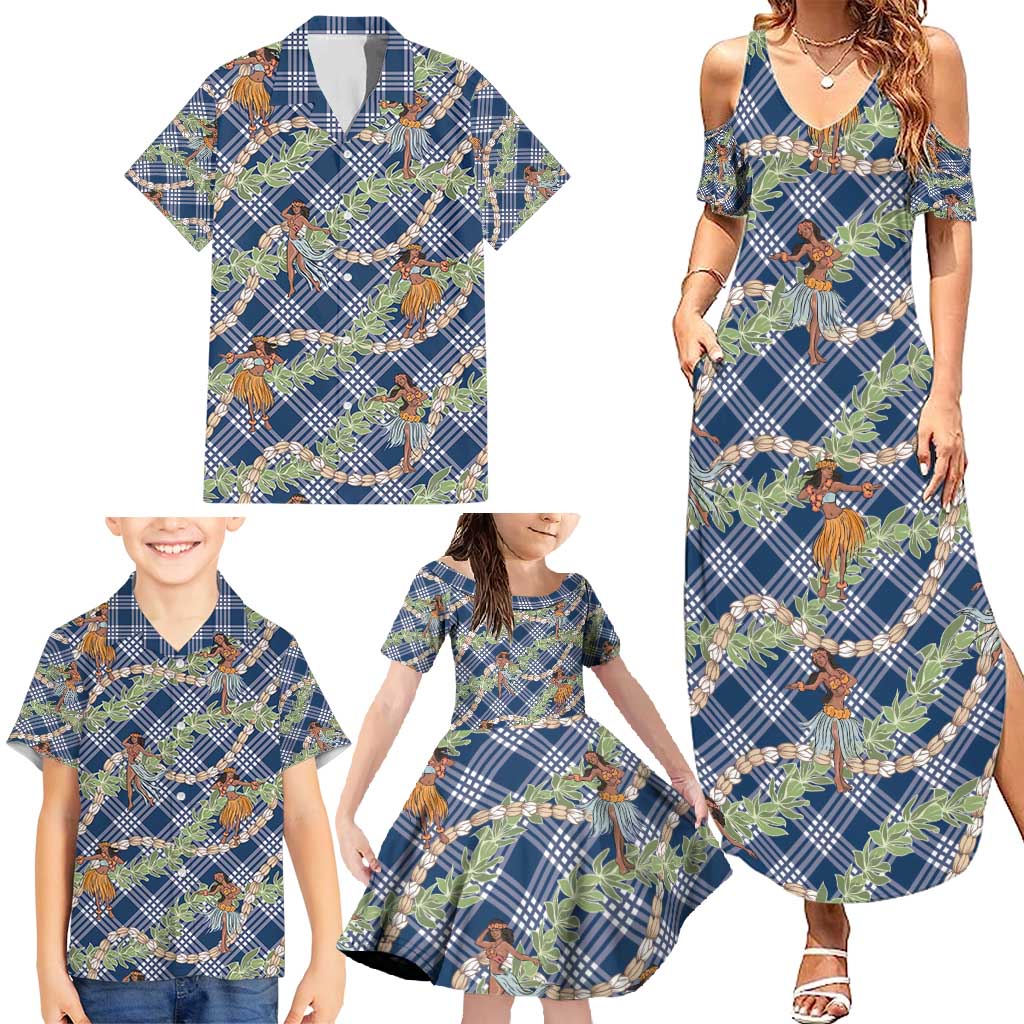 Navy Blue Palaka Hula Girls Seamless Hawaii Aloha Family Matching Summer Maxi Dress and Hawaiian Shirt - Polynesian Pride