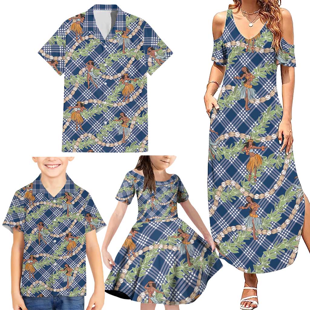 Navy Blue Palaka Hula Girls Seamless Hawaii Aloha Family Matching Summer Maxi Dress and Hawaiian Shirt - Polynesian Pride