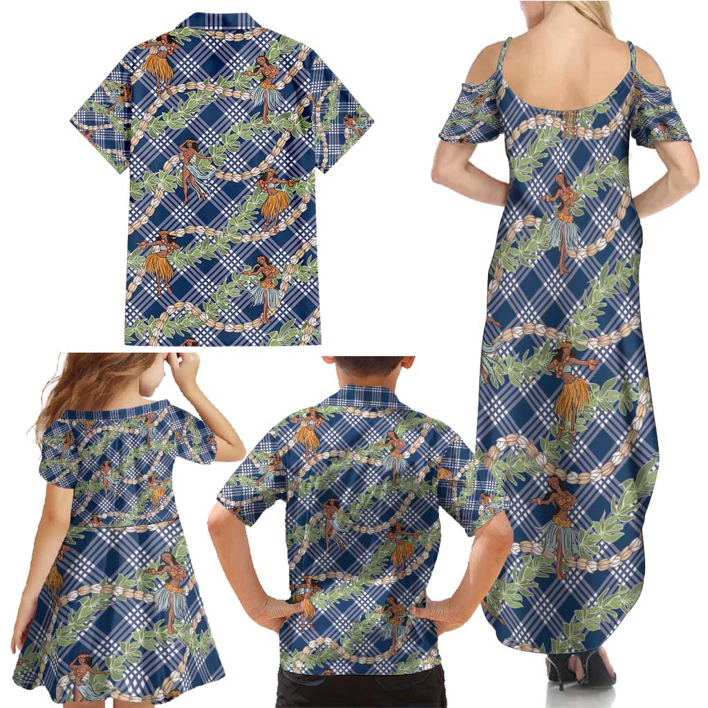 Navy Blue Palaka Hula Girls Seamless Hawaii Aloha Family Matching Summer Maxi Dress and Hawaiian Shirt - Polynesian Pride