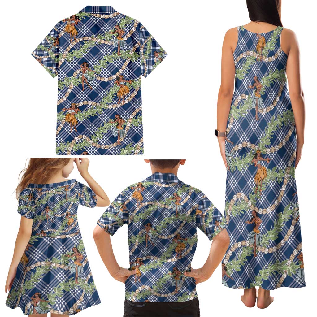 Navy Blue Palaka Hula Girls Seamless Hawaii Aloha Family Matching Tank Maxi Dress and Hawaiian Shirt - Polynesian Pride