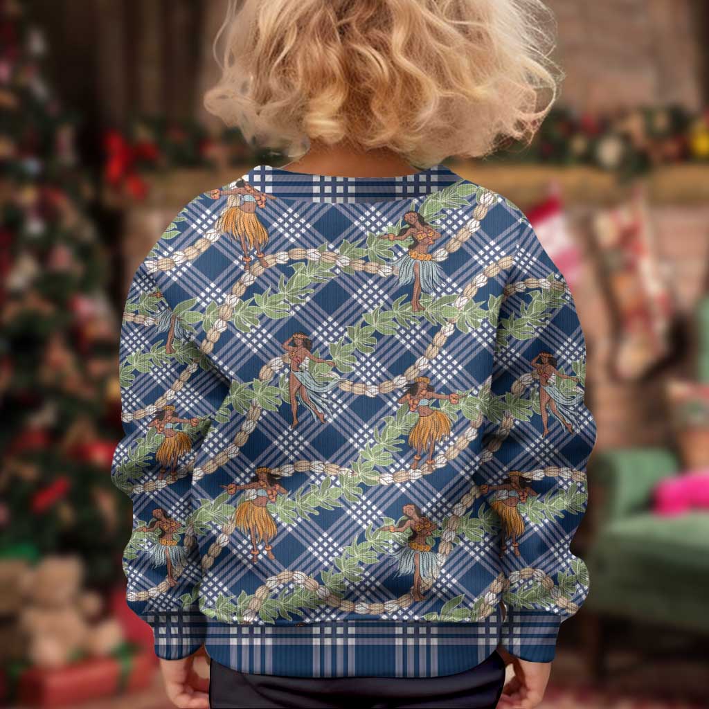 Navy Blue Palaka Hula Girls Seamless Hawaii Aloha Kid Ugly Christmas Sweater - Polynesian Pride