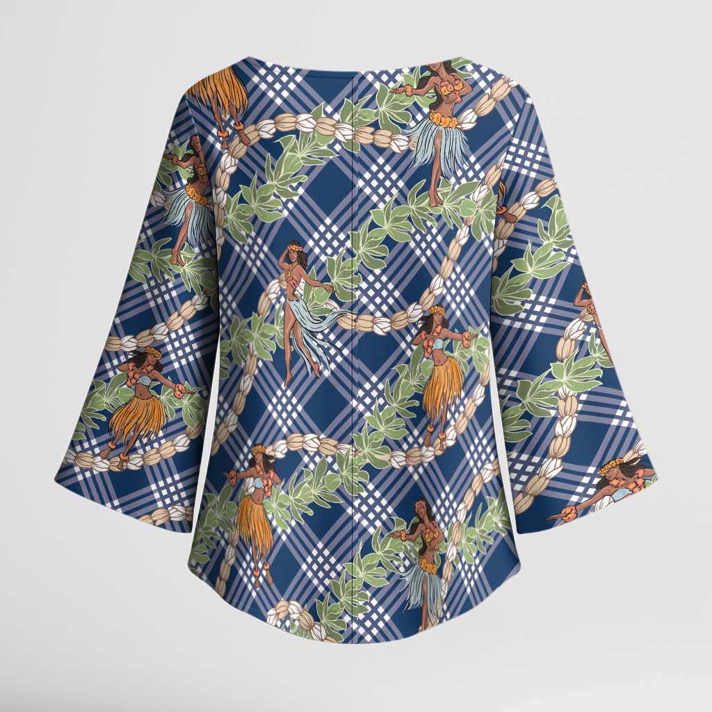 Navy Blue Palaka Hula Girls Seamless Hawaii Aloha Kimono Sleeve Blouse - Polynesian Pride