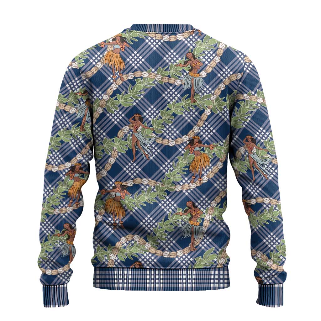 Navy Blue Palaka Hula Girls Seamless Hawaii Aloha Ugly Christmas Sweater - Polynesian Pride
