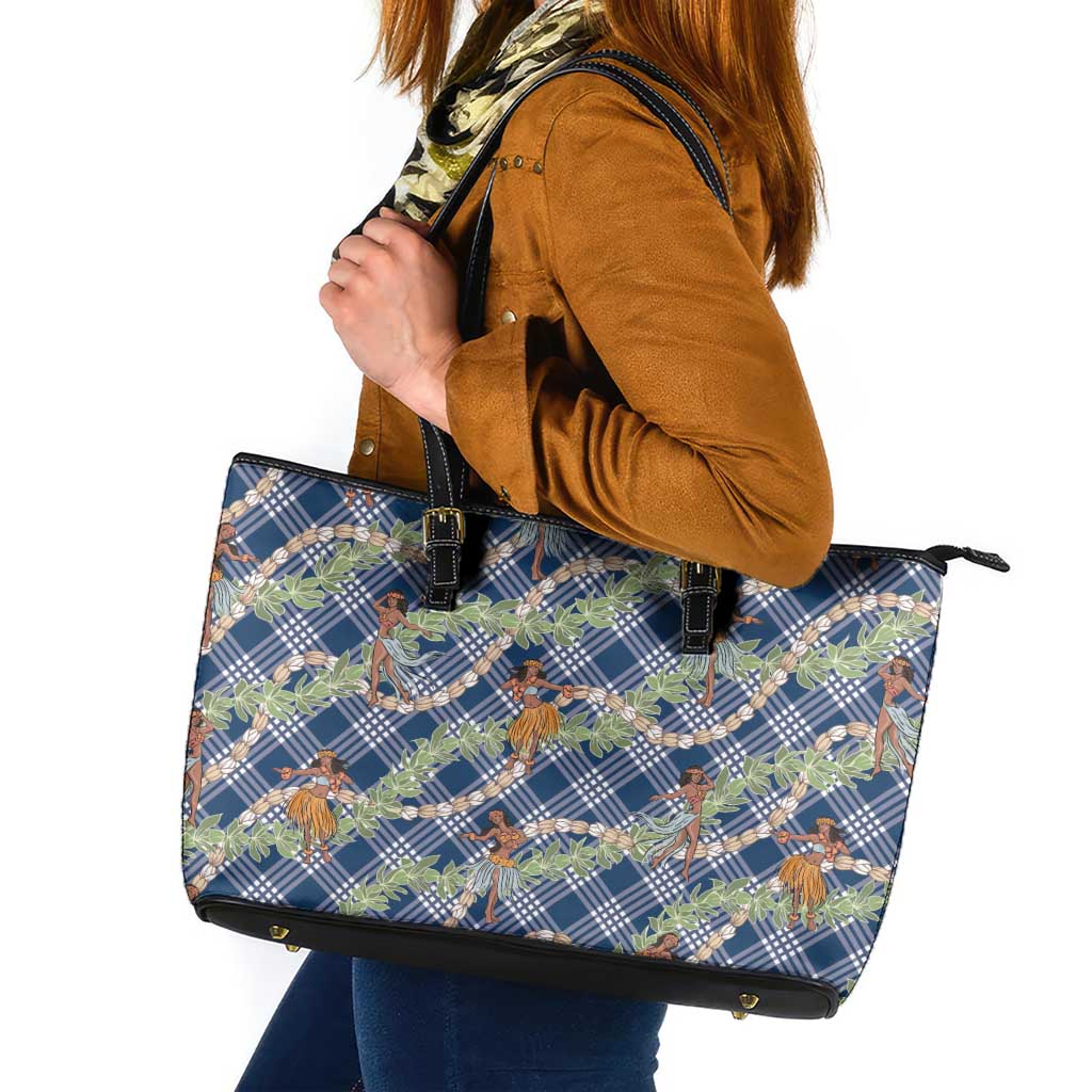 Navy Blue Palaka Hula Girls Seamless Hawaii Aloha Leather Tote Bag LT7 Navy Blue - Polynesian Pride