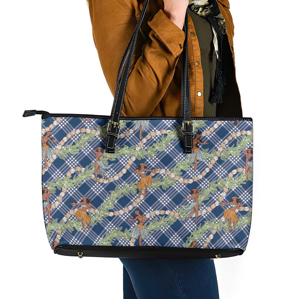 Navy Blue Palaka Hula Girls Seamless Hawaii Aloha Leather Tote Bag LT7 - Polynesian Pride