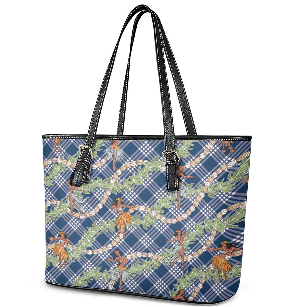 Navy Blue Palaka Hula Girls Seamless Hawaii Aloha Leather Tote Bag LT7 - Polynesian Pride