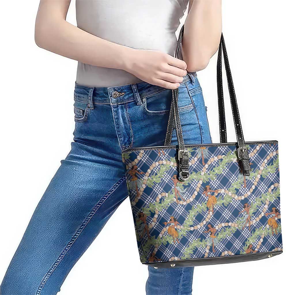 Navy Blue Palaka Hula Girls Seamless Hawaii Aloha Leather Tote Bag LT7 - Polynesian Pride