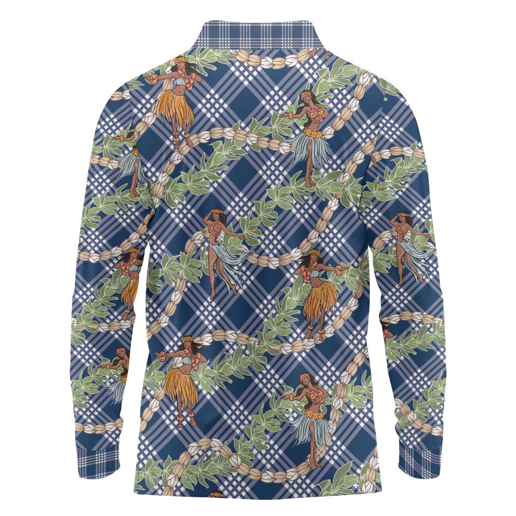 Navy Blue Palaka Hula Girls Seamless Hawaii Aloha Long Sleeve Polo Shirt - Polynesian Pride