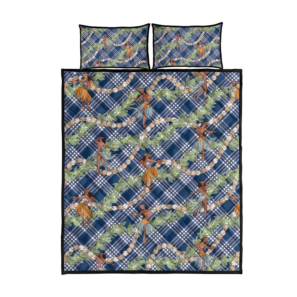 Navy Blue Palaka Hula Girls Seamless Hawaii Aloha Quilt Bed Set - Polynesian Pride