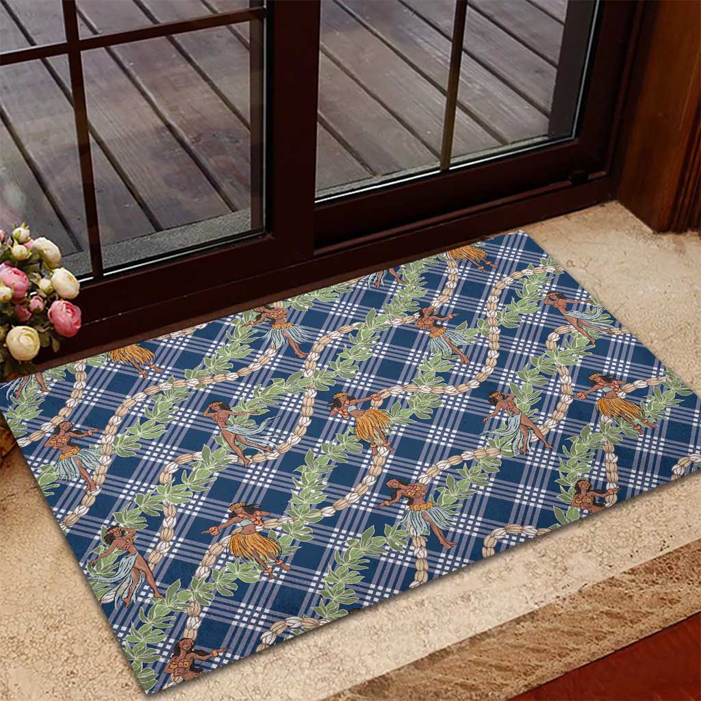 Navy Blue Palaka Hula Girls Seamless Hawaii Aloha Rubber Doormat - Polynesian Pride