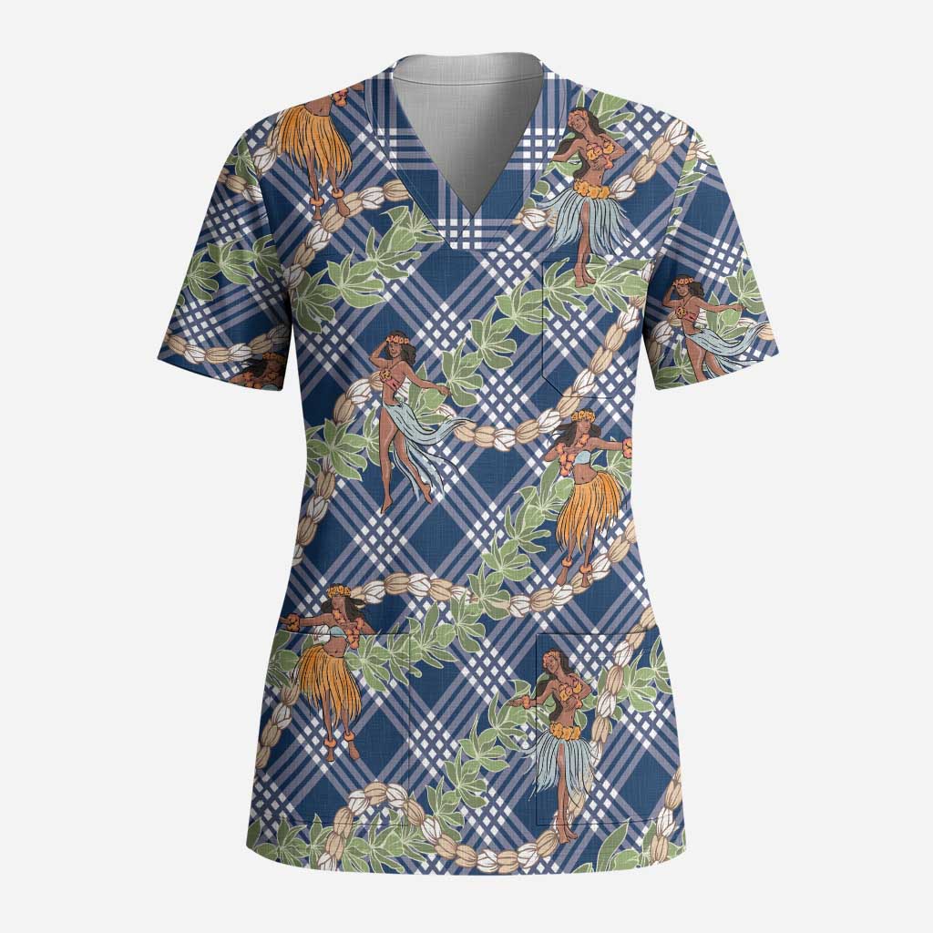 Navy Blue Palaka Hula Girls Seamless Hawaii Aloha Scrub Top - Polynesian Pride