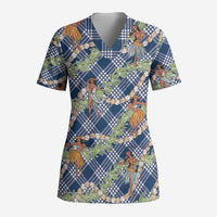 Navy Blue Palaka Hula Girls Seamless Hawaii Aloha Scrub Top - Polynesian Pride