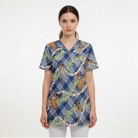Navy Blue Palaka Hula Girls Seamless Hawaii Aloha Scrub Top - Polynesian Pride