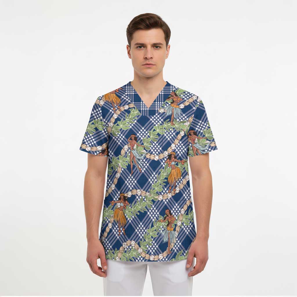 Navy Blue Palaka Hula Girls Seamless Hawaii Aloha Scrub Top - Polynesian Pride