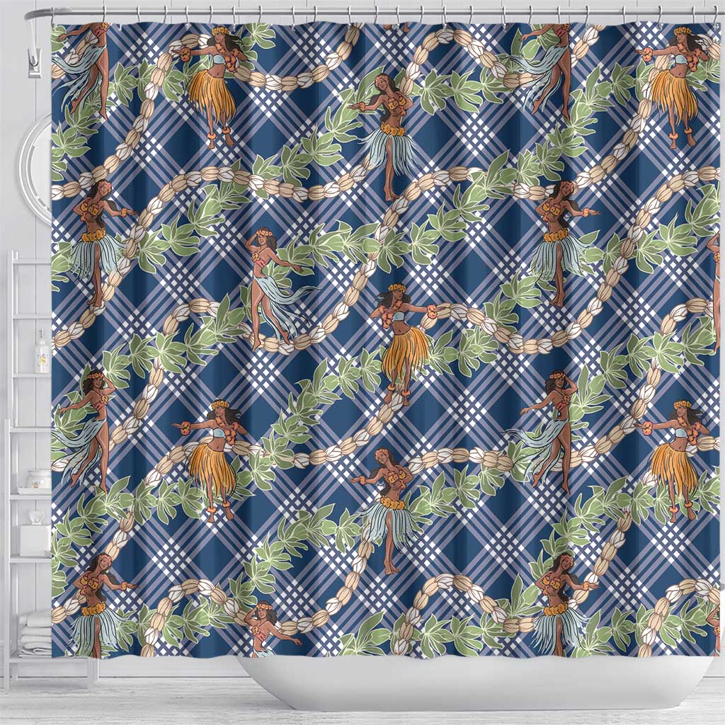 Navy Blue Palaka Hula Girls Seamless Hawaii Aloha Shower Curtain - Polynesian Pride