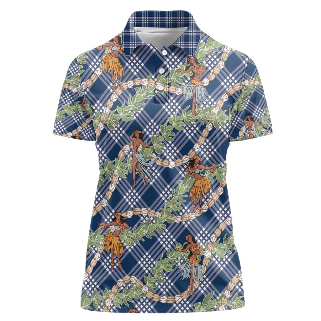Navy Blue Palaka Hula Girls Seamless Hawaii Aloha Women Polo Shirt - Polynesian Pride